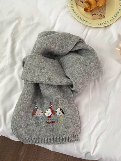 Unisex Embroidered Dog Knit Scarf — gray dog scarf arranged in a loose knot