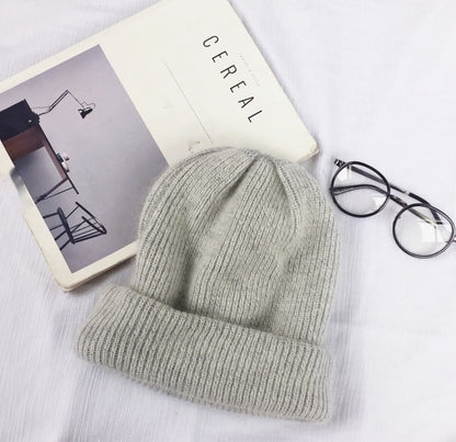 Unisex Wine Red Rabbit Wool Ribbed Winter Beanies texture detail