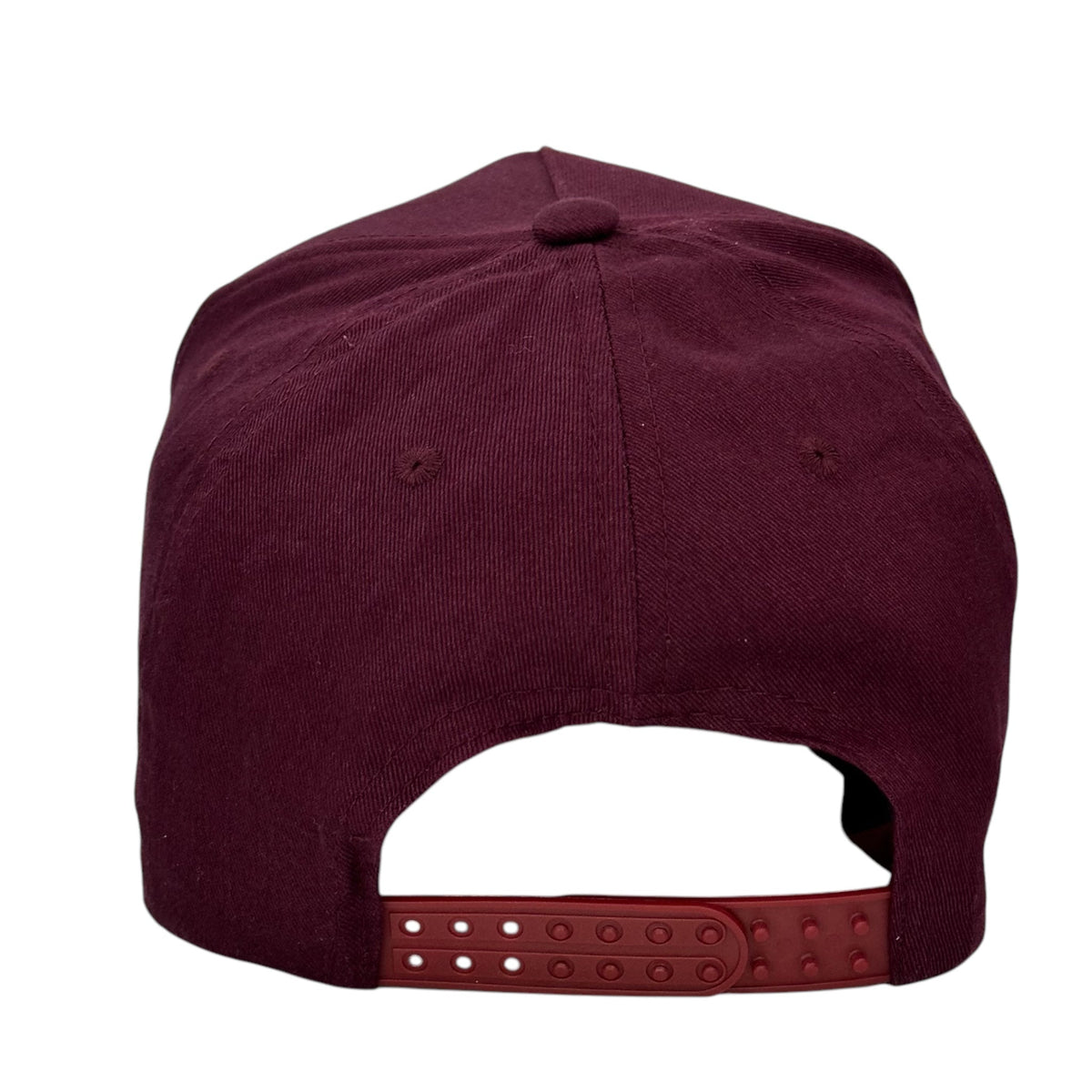 Back of the burgundy Live to Ride cap showing the snapback closure