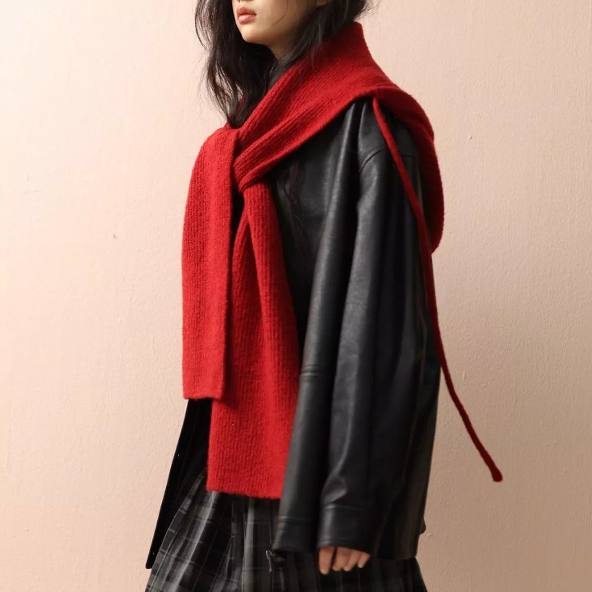 Unisex Hooded Tie Knit Scarf — red hooded tie scarf worn from a side angle