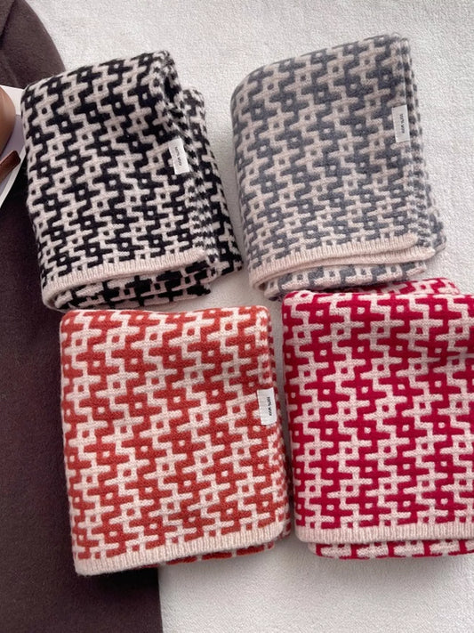 Unisex Wool Geometric Pattern Knitted Warm Scarf — group of small motif scarves with red and dark options
