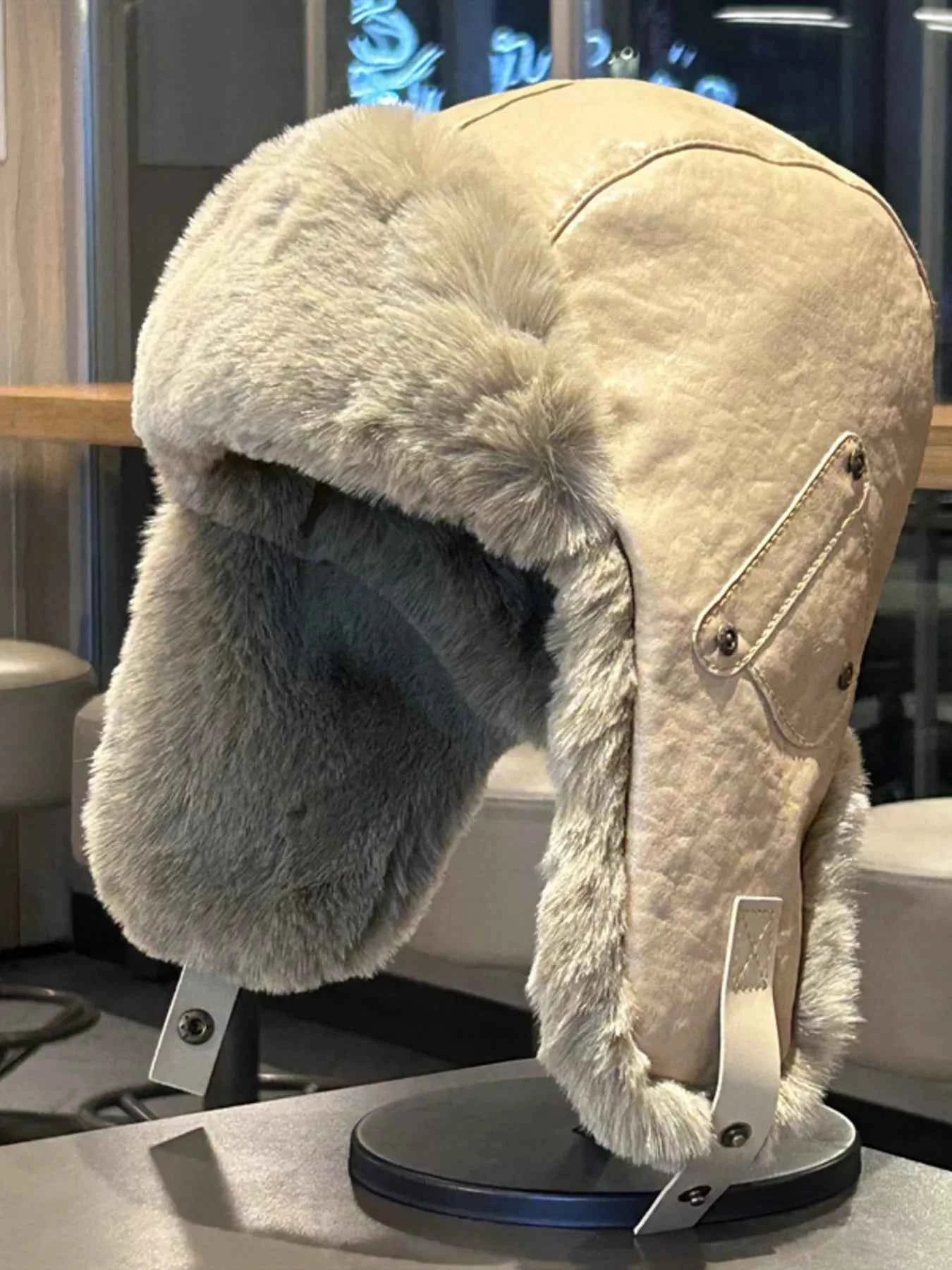 Khaki fuzzy ear flap hat cozy product view