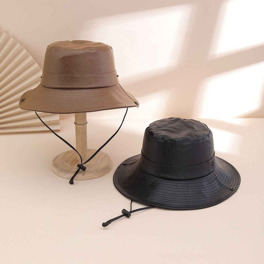 Black wide brim fishing bucket hat with chin strap