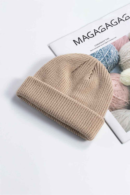 Tan acrylic cuff beanie folded brim texture detail