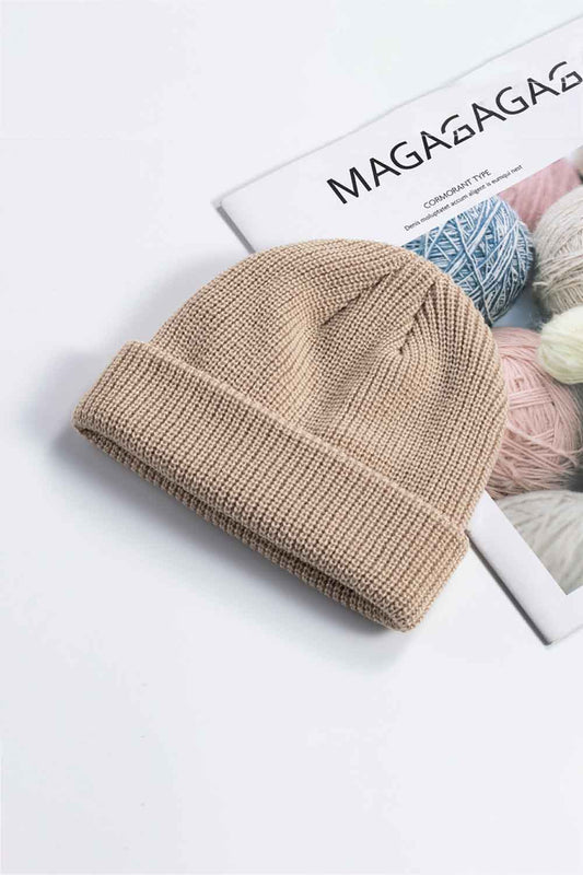 Tan acrylic cuff beanie folded brim texture detail