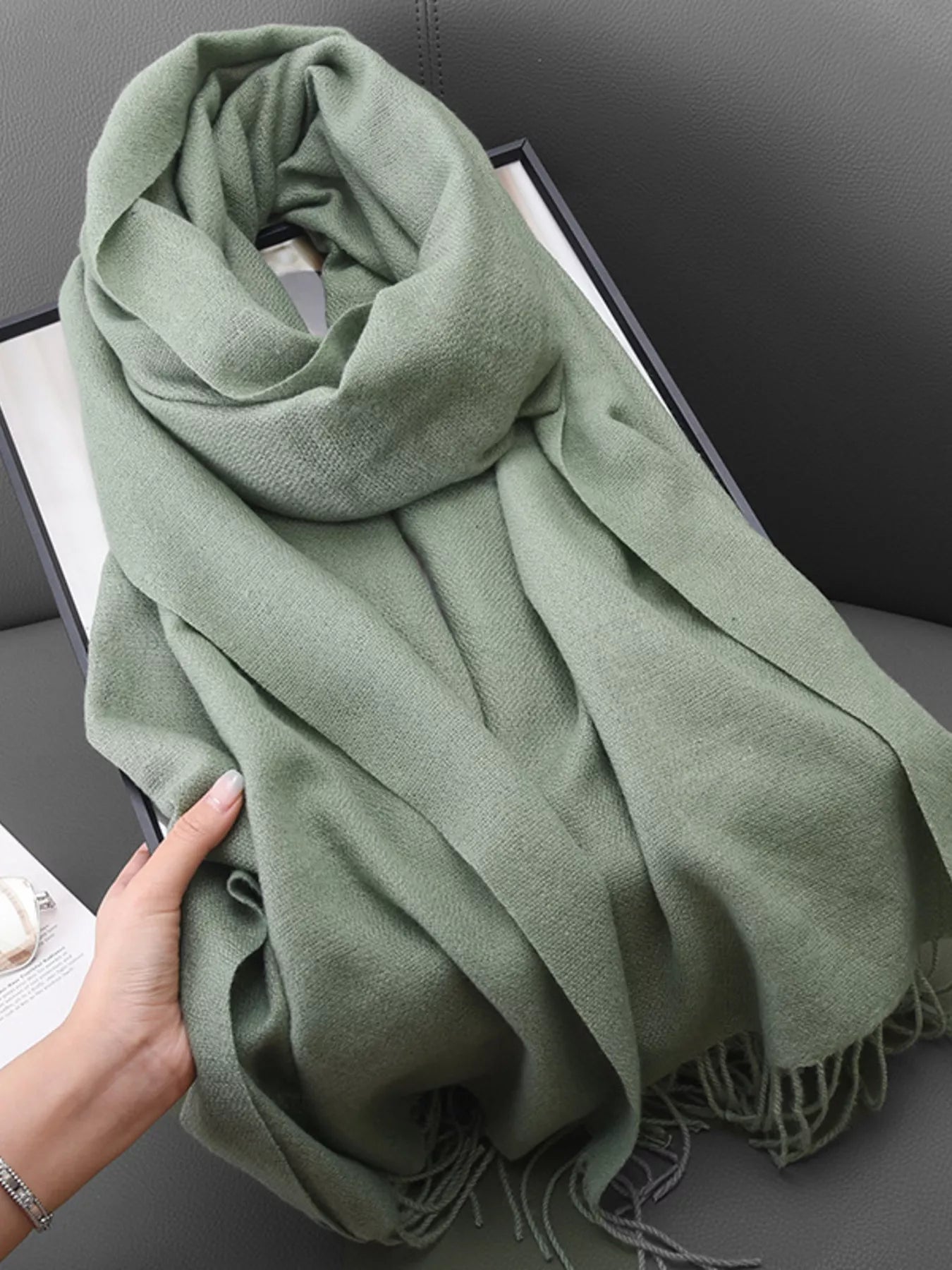 Unisex Heritage Solid Color Fringe Scarf in Turquoise - fabric texture 15