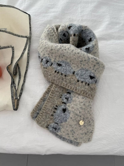 Unisex Sheep Motif Knit Scarf — khaki scarf with blue-toned sheep details