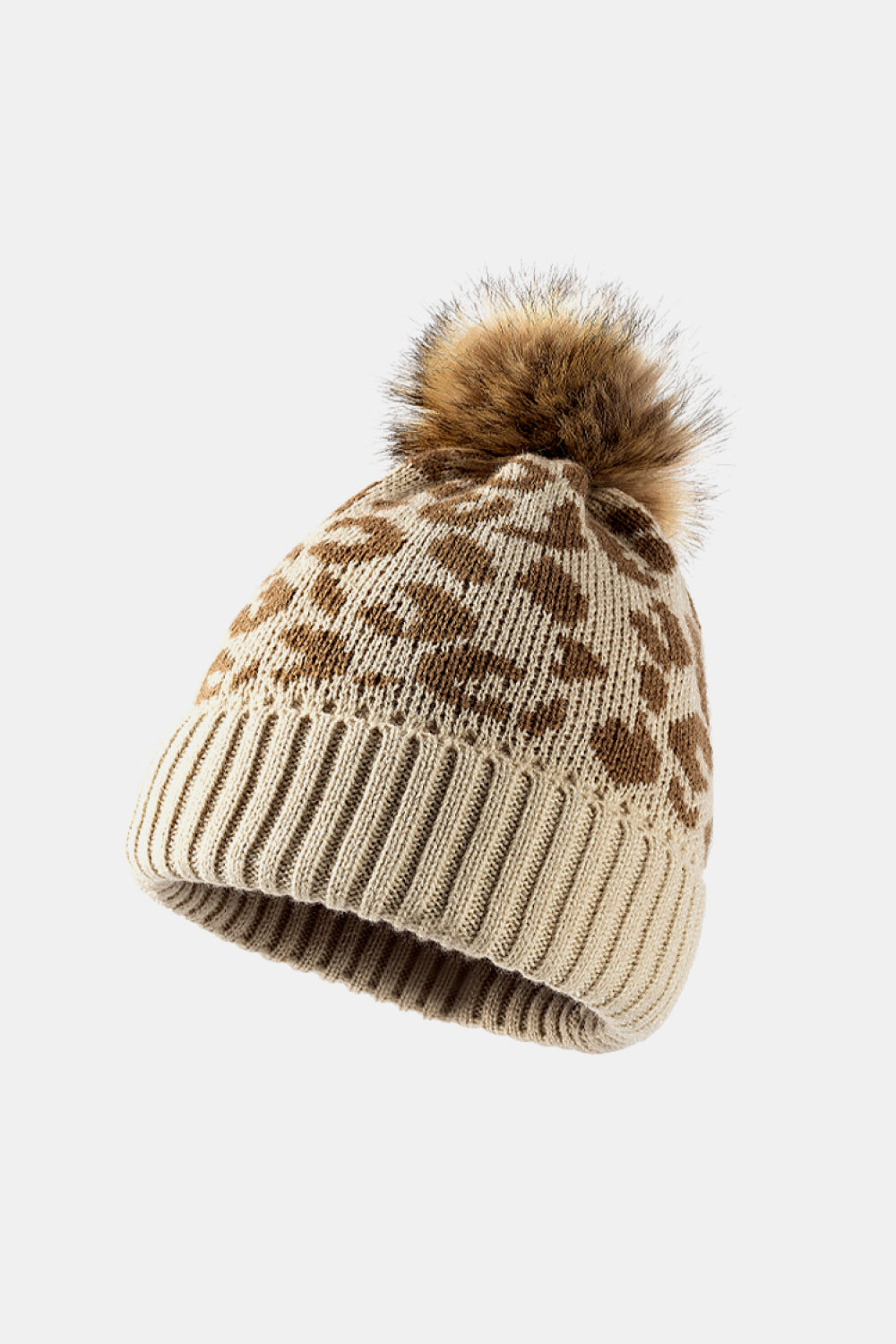 Women's Beige Leopard Pom-Pom Cuffed Beanie side angle photo 02