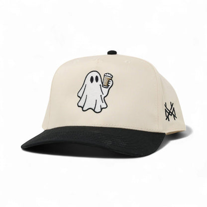 The Mad Hatter Company Boozy Trucker Hat, natural crown with a black bill and ghost graphic