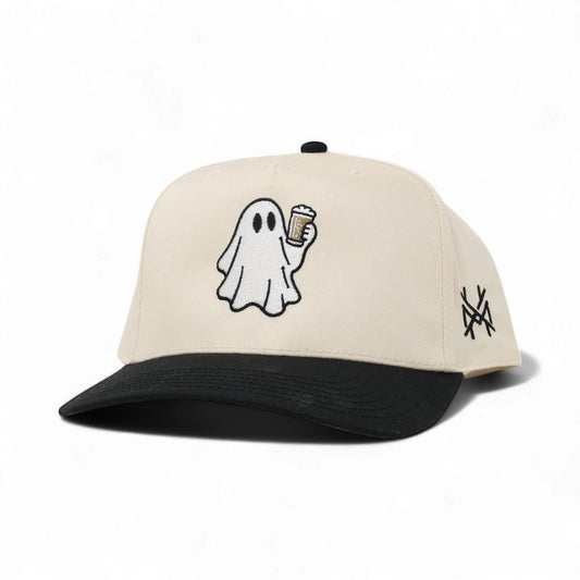 The Mad Hatter Company Boozy Trucker Hat, natural crown with a black bill and ghost graphic