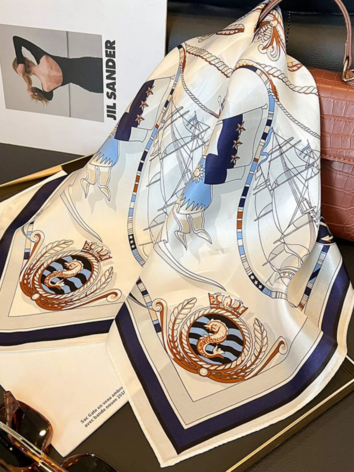 Unisex Nautical Print Silk Square Scarf — silk scarf laid flat showing rope and circular motifs