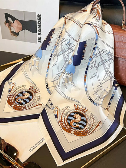 Unisex Nautical Print Silk Square Scarf — silk scarf laid flat showing rope and circular motifs