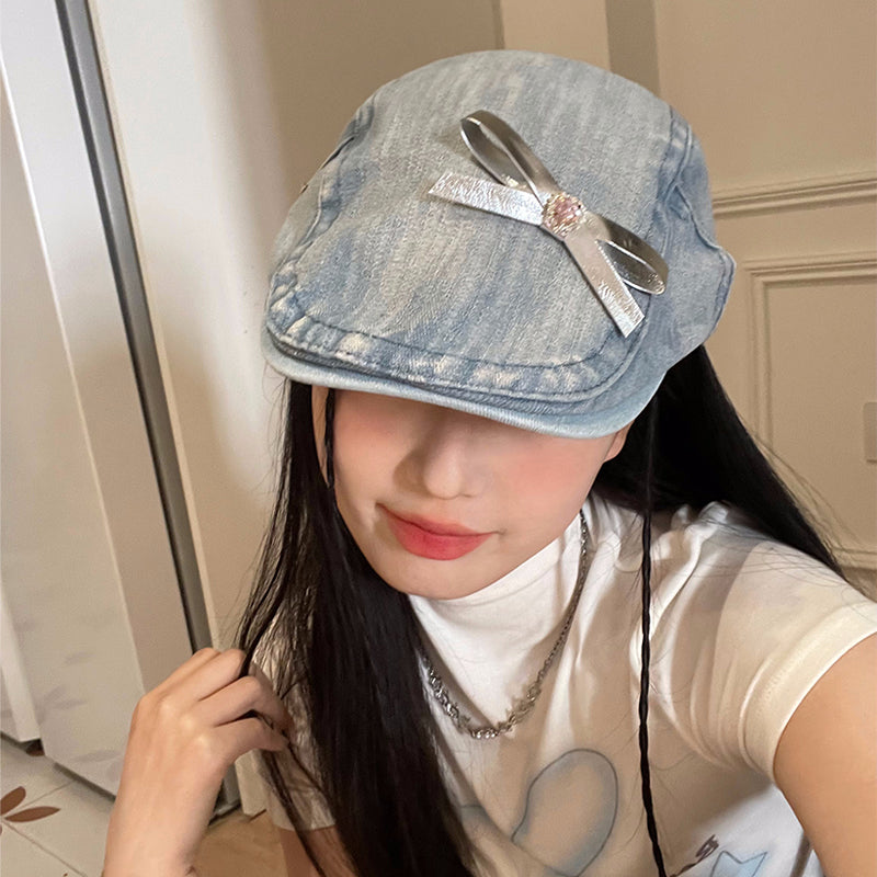 Womens vintage denim newsboy cap with bow - product photo 3