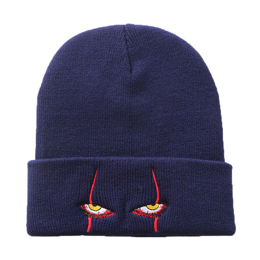 Navy blue creepy eyes embroidered cuffed beanie