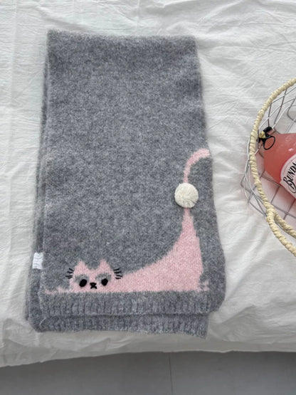 Unisex Playful Cat Knit Scarf — gray scarf showing the long-tailed cat illustration