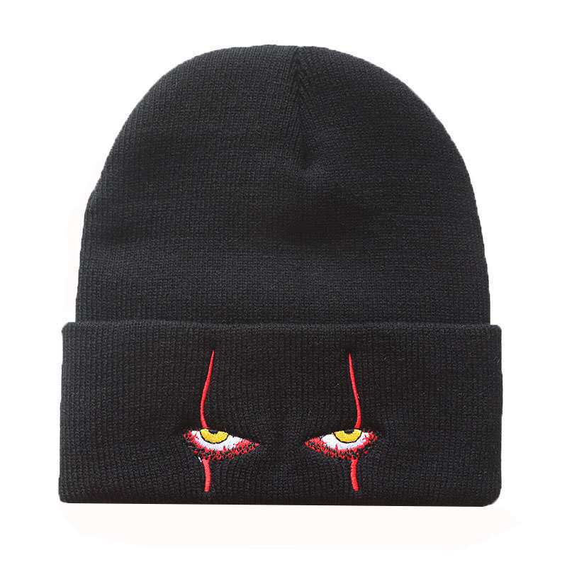 Black creepy eyes winter beanie with turned-up cuff