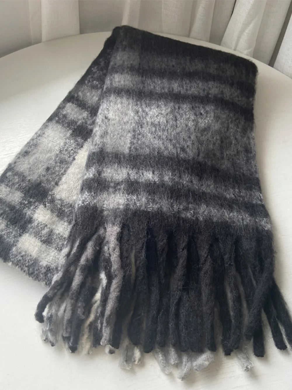 Oversized plaid fringe scarf - product photo 7