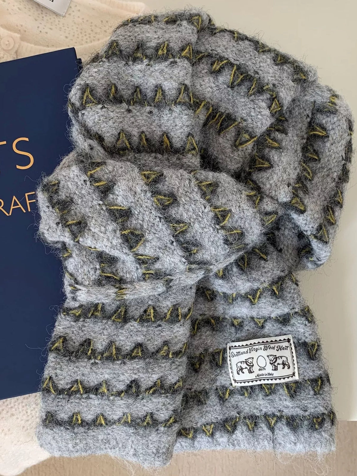 Unisex Vintage Knitted Pattern Scarf — gray scarf with contrasting patterned bands