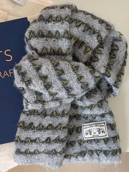 Unisex Vintage Knitted Pattern Scarf — gray scarf with contrasting patterned bands