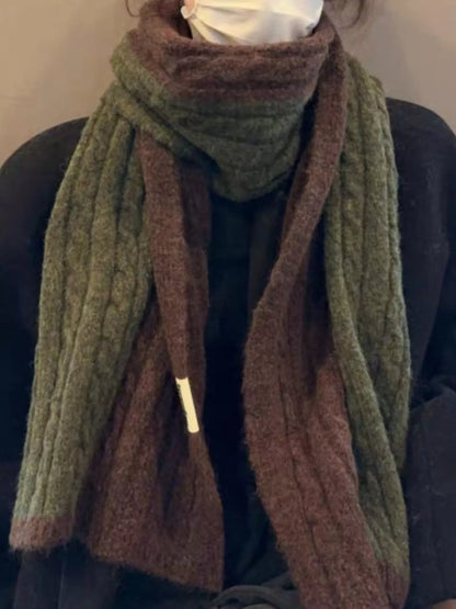 Unisex Two Tone Cable Knit Warm Scarf — close view of two-tone cable scarf styled over black outerwear