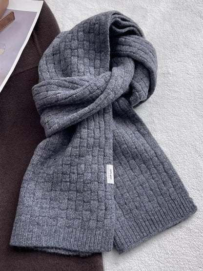 Unisex Wool Woven Pattern Knitted Scarf — dark gray wool scarf with grid-like knit texture