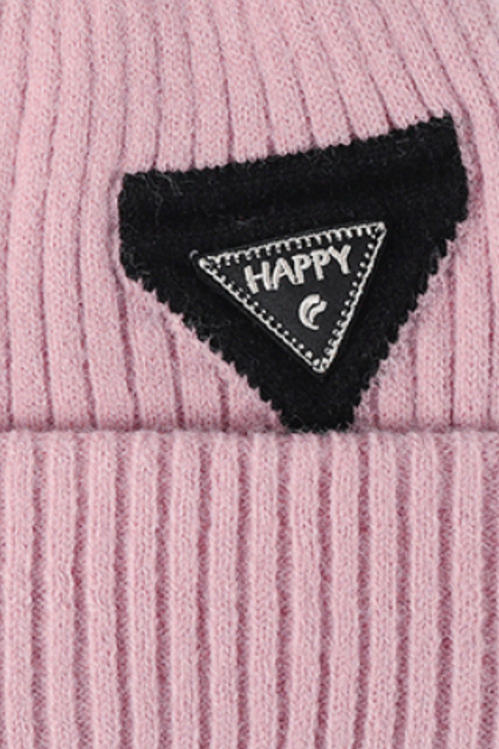 Black soft knit HAPPY beanie brim close-up