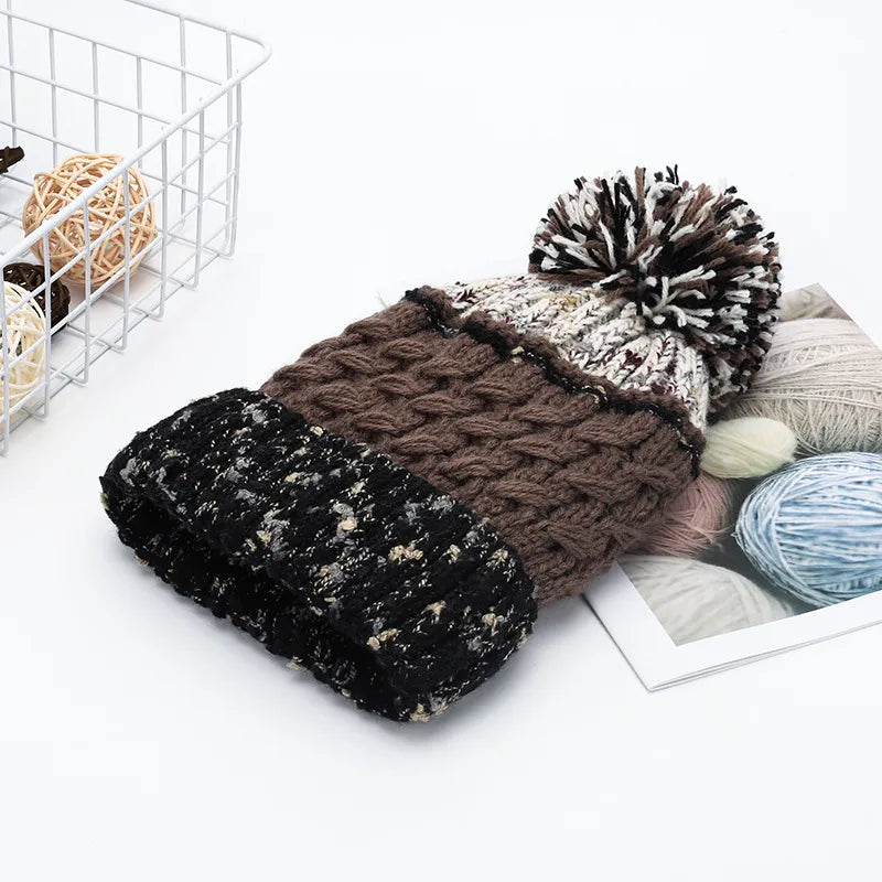 Unisex Contrast Knit Pom Pom Beanie - Brown texture close-up