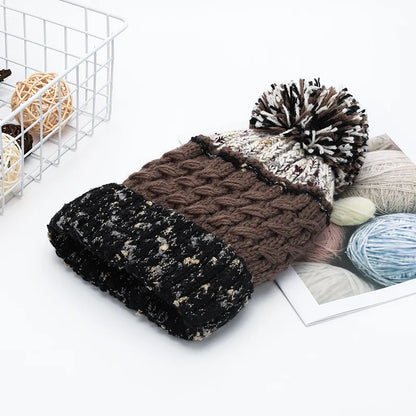 Unisex Contrast Knit Pom Pom Beanie - Brown texture close-up