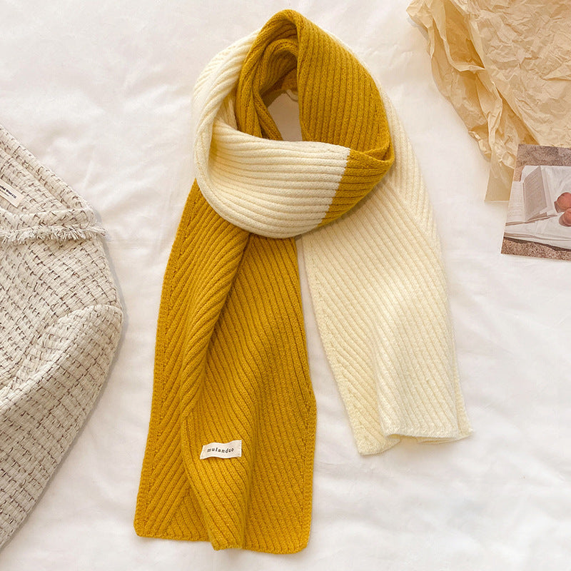 Unisex Two-Tone Ribbed Knit Winter Scarf — yellow and cream two-tone scarf with ribbed texture