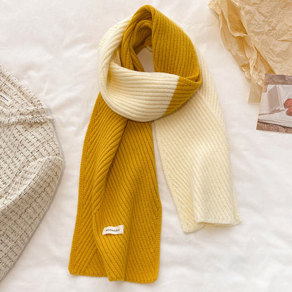 Unisex Two-Tone Ribbed Knit Winter Scarf — yellow and cream two-tone scarf with ribbed texture