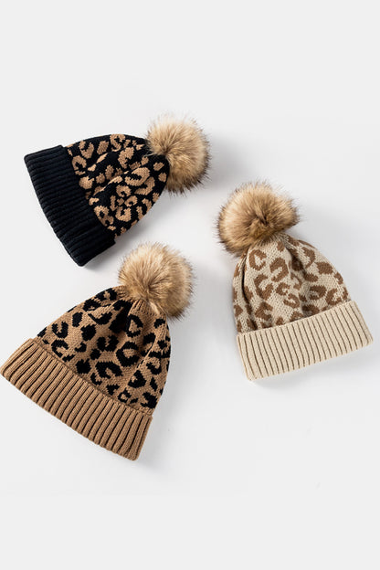 Women's Khaki Leopard Pom-Pom Cuffed Beanie front view photo 01