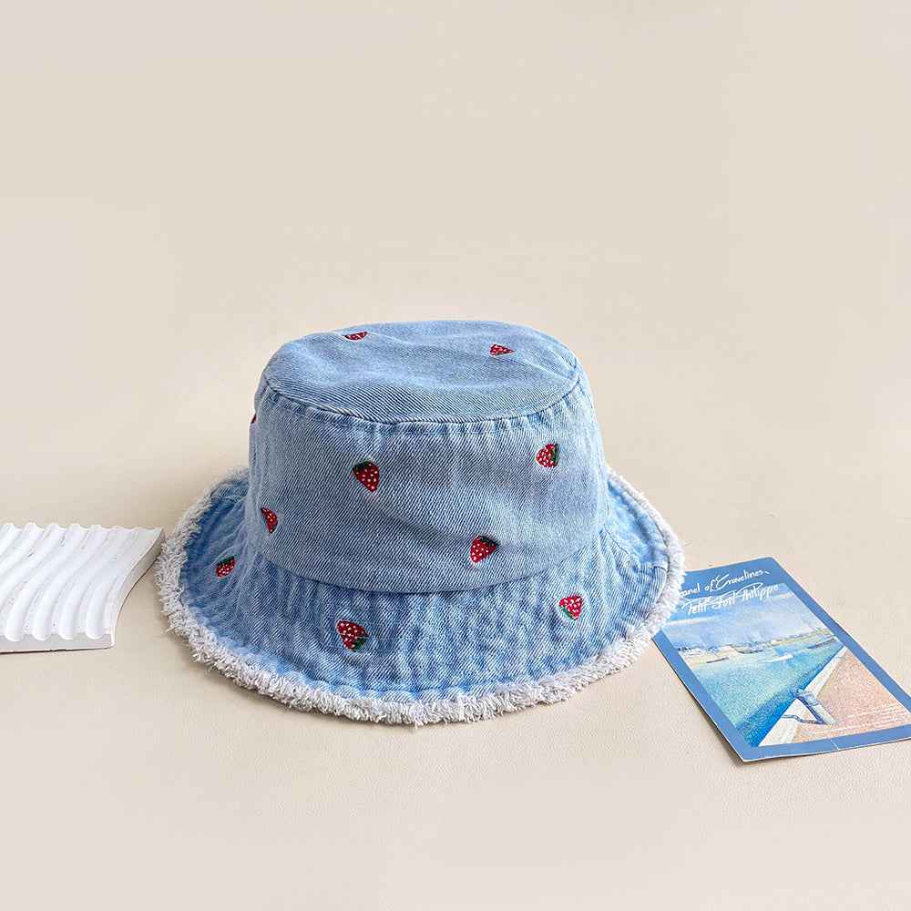 Women's Light blue Strawberry Embroidered Denim Bucket Hat with Frayed Brim crown profile
