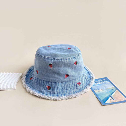 Women's Light blue Strawberry Embroidered Denim Bucket Hat with Frayed Brim crown profile