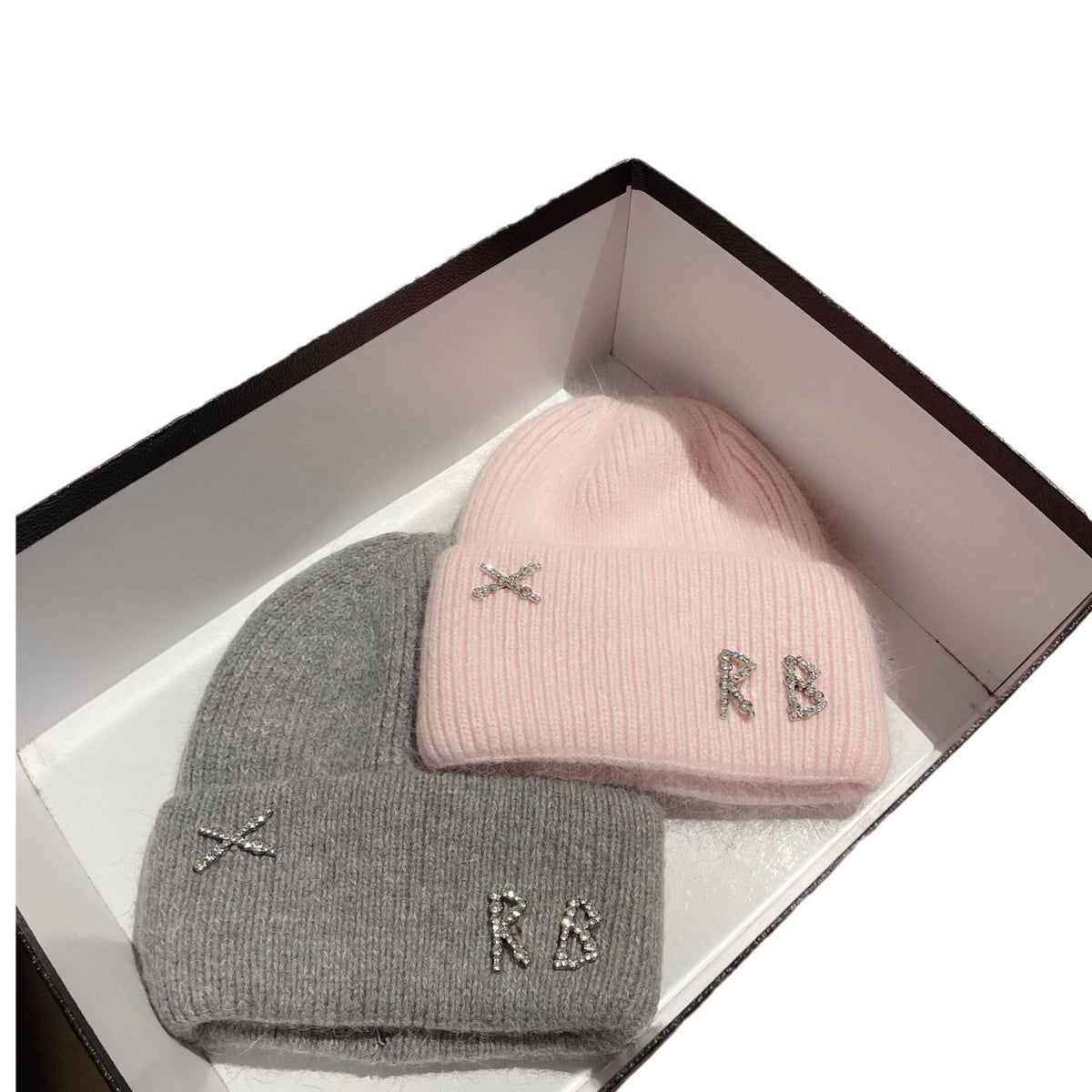 Women's Rhinestone Embellished RB Letter Knit Winter Beanie — pink and gray embellished beanies in a display box