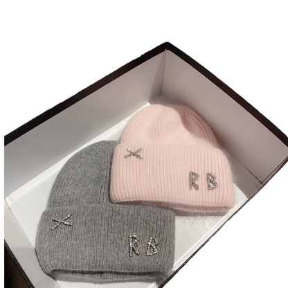 Women's Rhinestone Embellished RB Letter Knit Winter Beanie — pink and gray embellished beanies in a display box