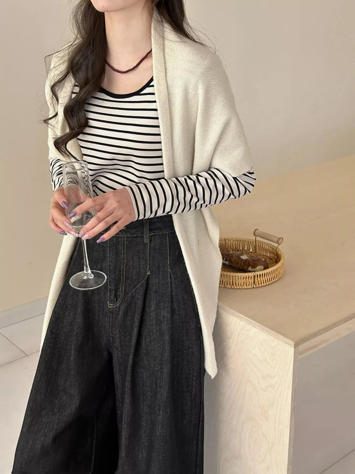 Women's Neutral Wool Shoulder Wrap — front outfit view showing the pale wool shoulder layer