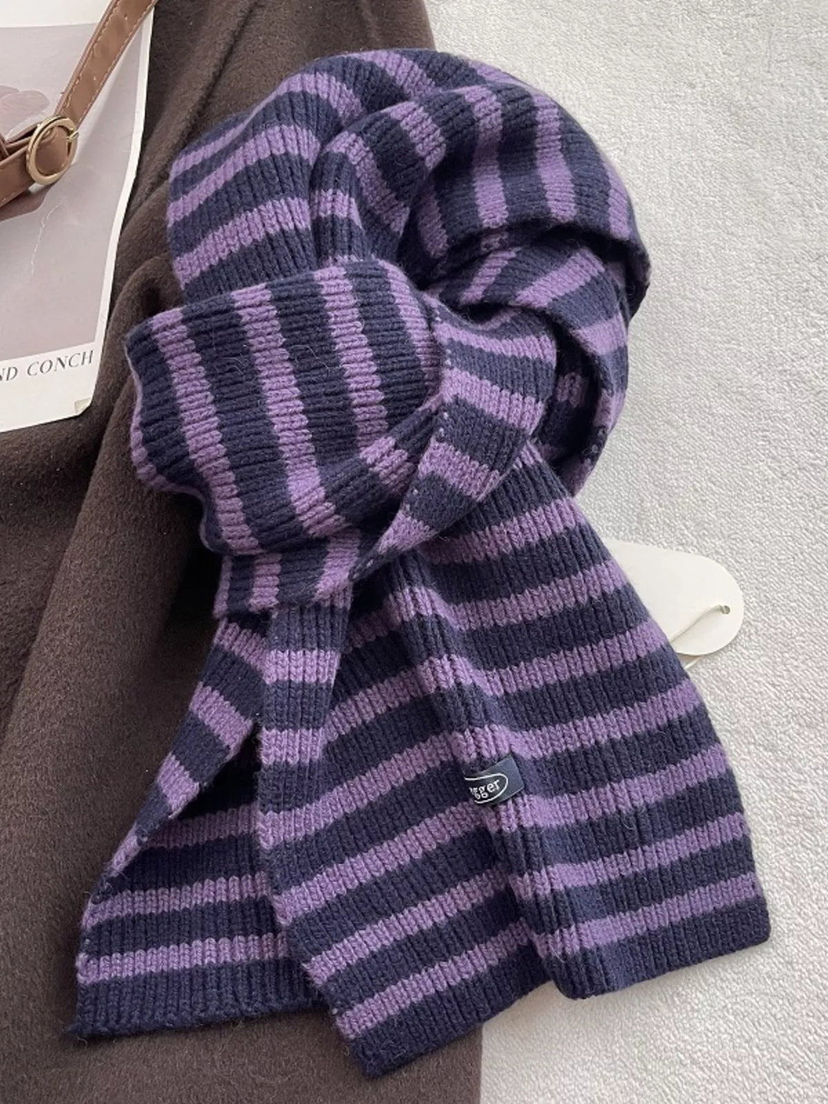 Unisex 100% Wool Striped Knitted Winter Scarf — lavender and dark striped scarf in a loose knot