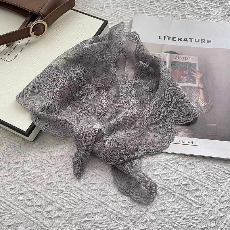 Women's Cotton Lace Neck Scarf — gray lace scarf arranged in a front knot