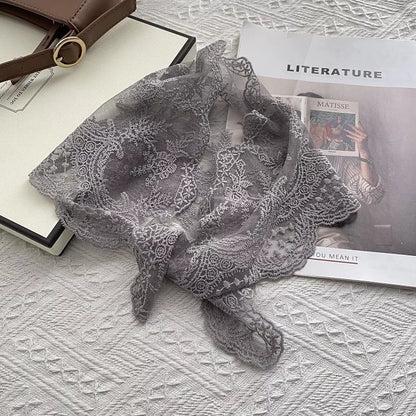 Women's Cotton Lace Neck Scarf — gray lace scarf arranged in a front knot