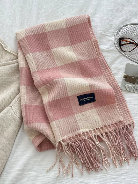 Unisex Plaid Tassel Winter Scarf in Pink - front view 1