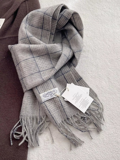 Unisex Heritage Wool Plaid Scarf — light gray checked scarf with fine fringed ends