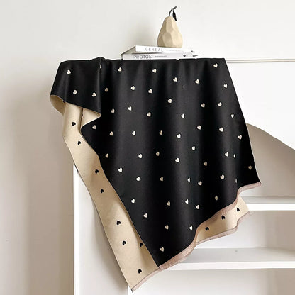 Women's Heart-Patterned Raw Hem Winter Scarf in Black - draped view 4