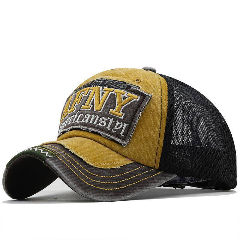 Navy and burgundy distressed trucker cap detail