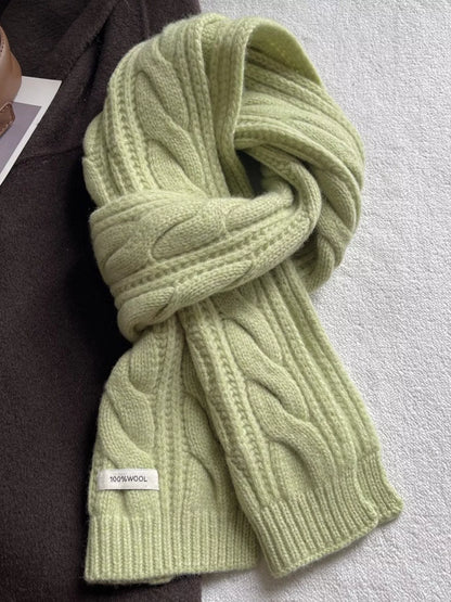 Unisex Wool Cable Knit Winter Scarf — yellow green wool scarf showing raised cables