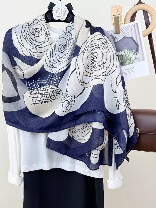 Women's Flower Print Lightweight Scarf in Blue - front view 1