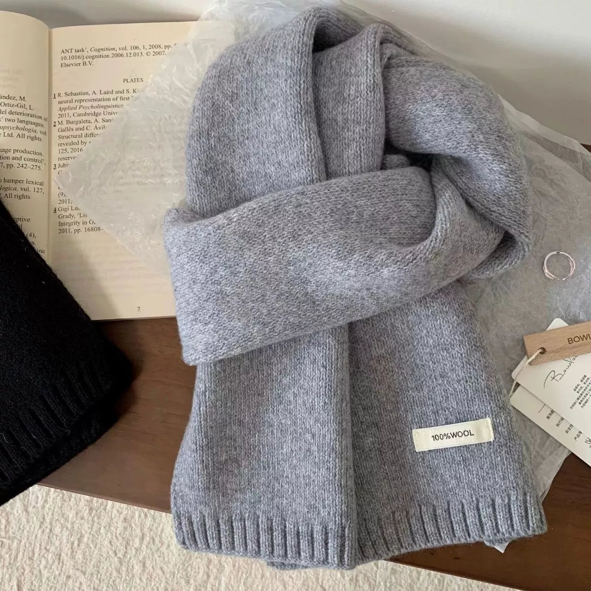 Unisex Warm Knitted Scarf — gray plain knit scarf with ribbed border