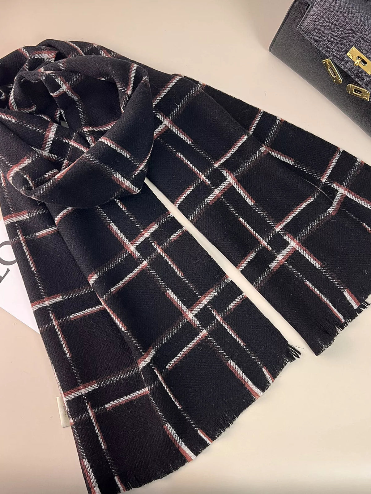 Unisex 100% Wool Raw Hem Plaid Scarf — black checked scarf draped to show the broad pattern