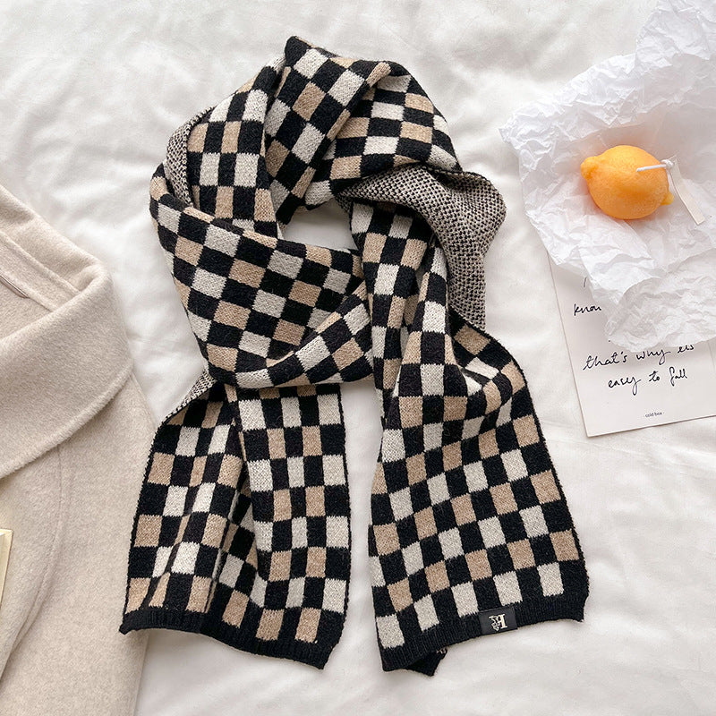 Black and cream checkerboard acrylic scarf with folded ends
