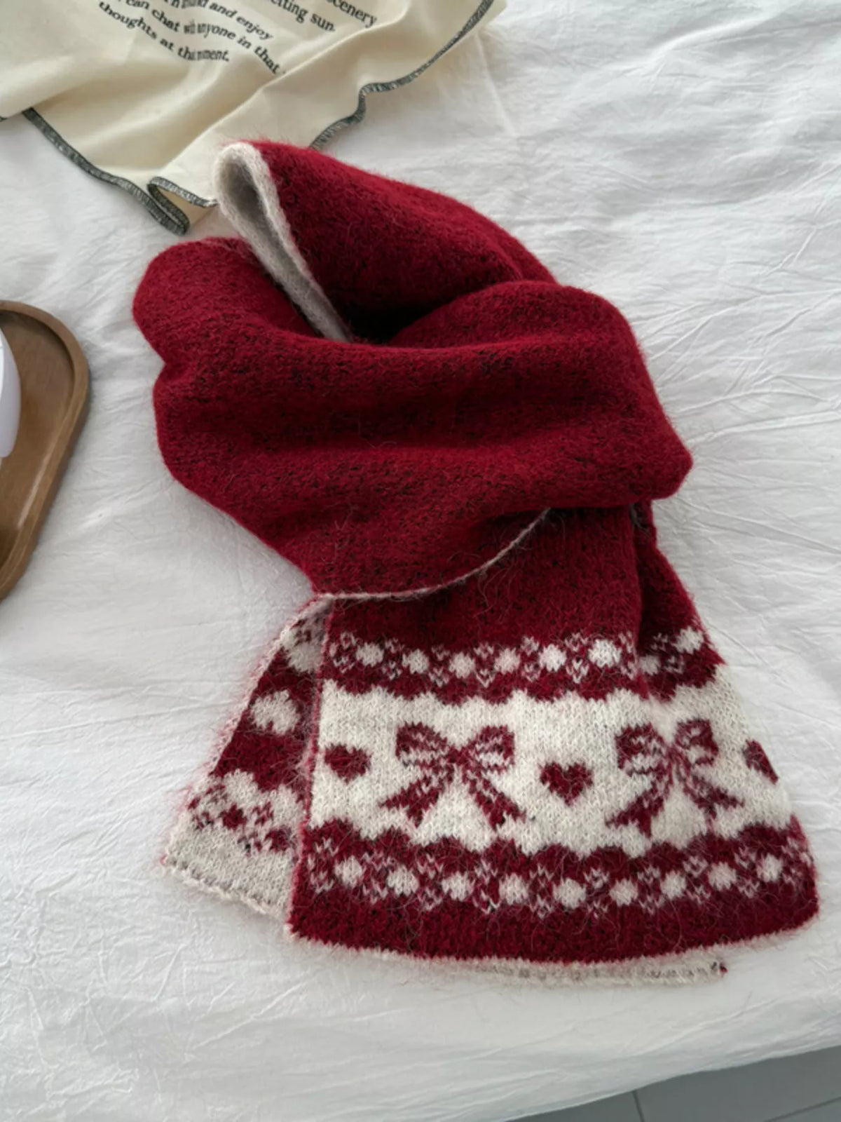 Unisex Bow Motif Wool Blend Scarf — red wool blend scarf with pale bow motif end bands