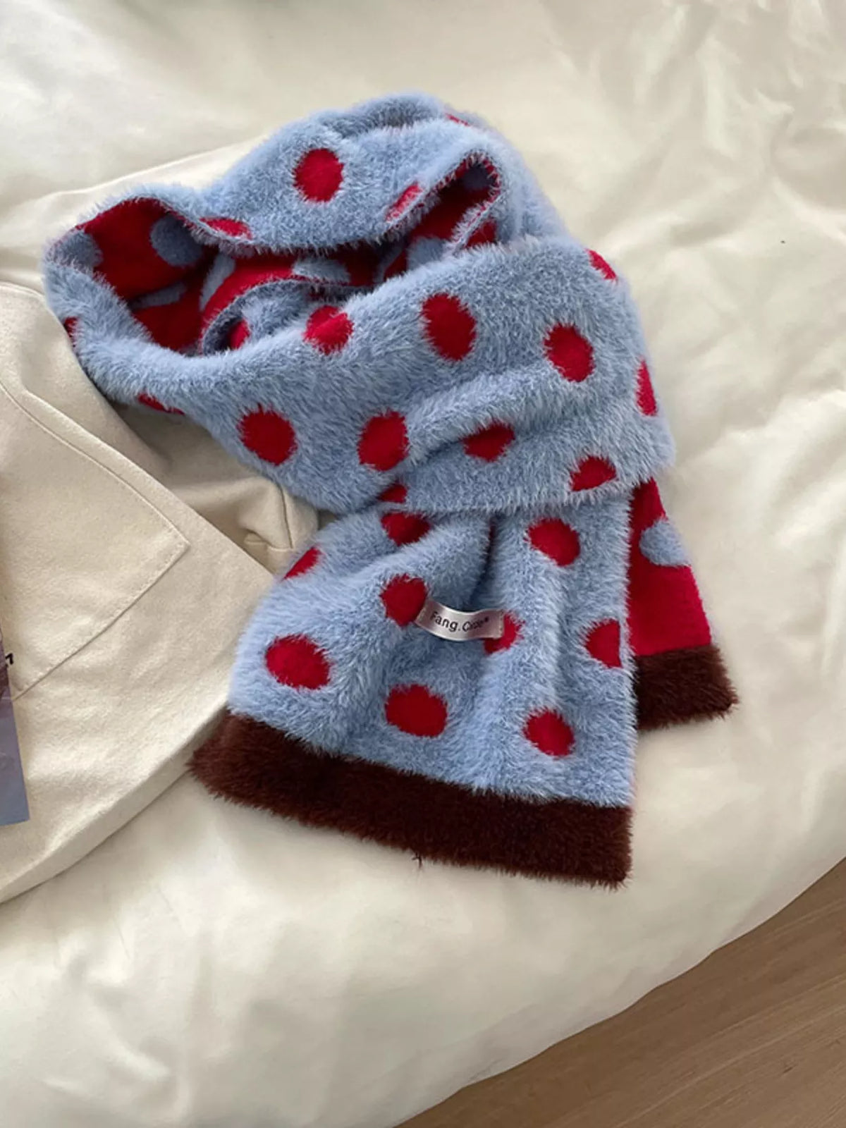Unisex Blue Polka Dot Scarf — polka dot scarf loosely tied with blue side facing out
